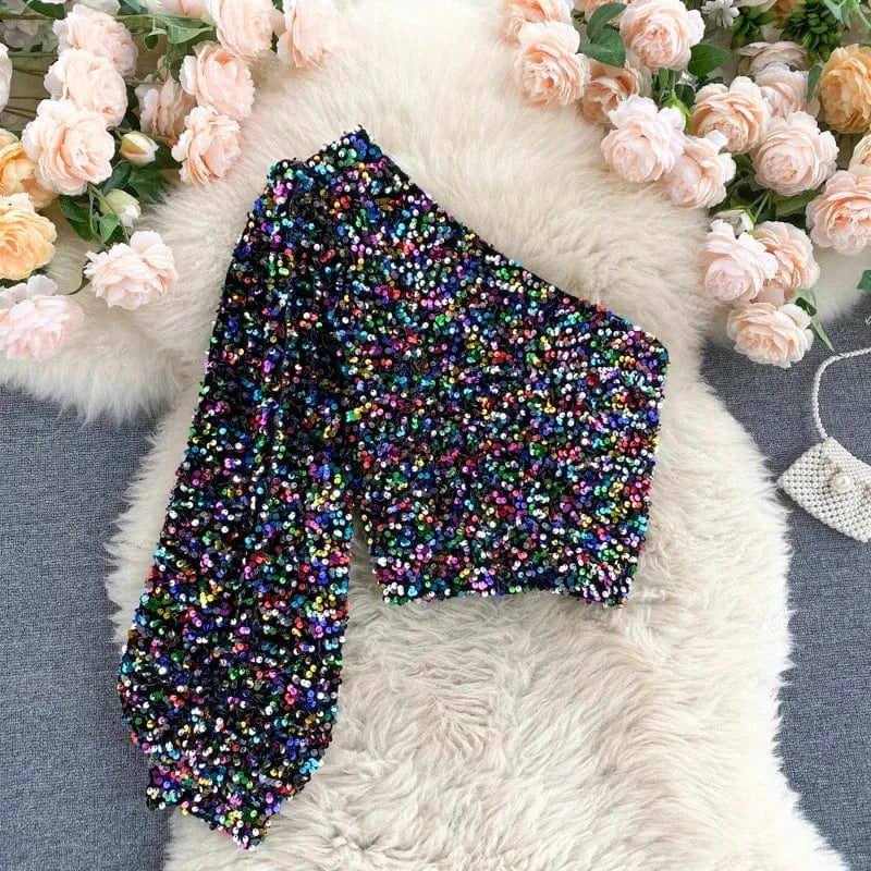 Free / 2 Fashion Sexy Slant Neck Strapless One Side Sleeve Slim Short Sequins Velvet Long Sleeve Top Women