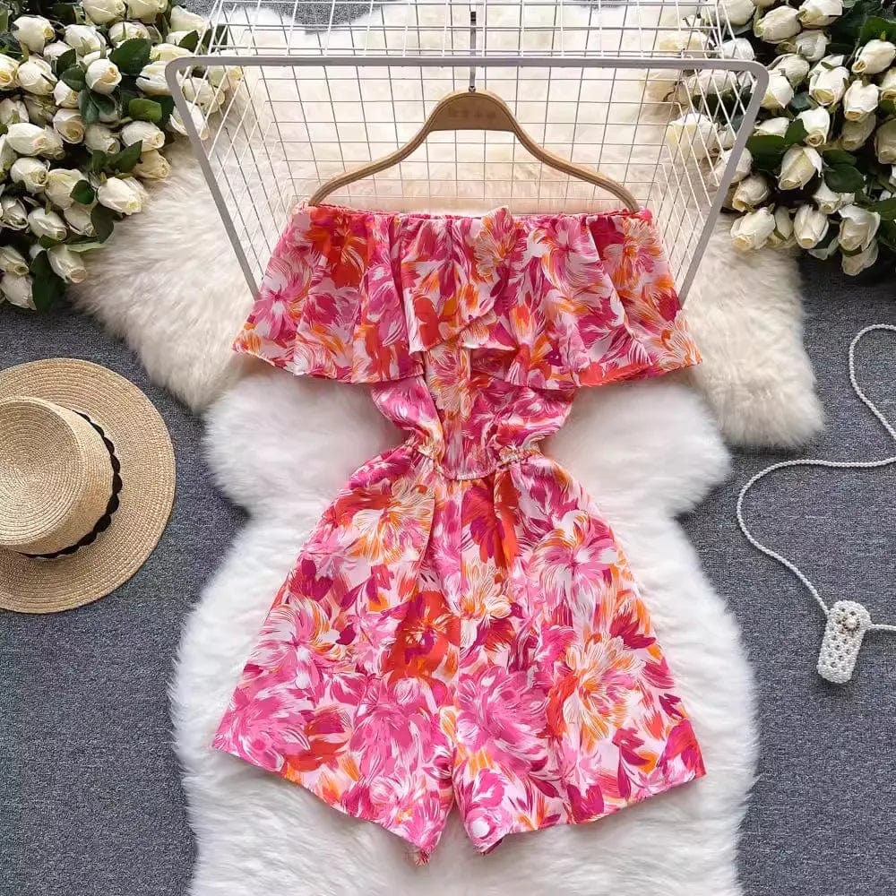 Free / 2 One size  Floral jumpsuit Summer Fashion Ruffle Edge Off Shoulder Off Shoulder Waist Wide Leg jumpsuit