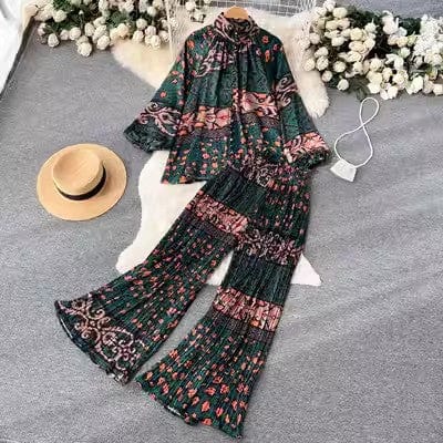 Free / 3 One size Fashion print set  lantern sleeve half high collar loose fitting shirt cardigan+wide leg pleated pants two-piece set