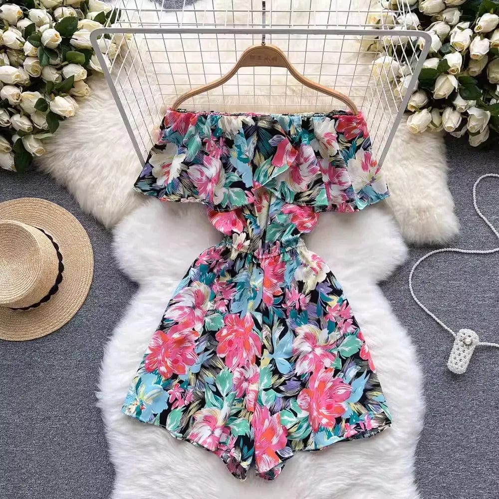 Free / 7 One size  Floral jumpsuit Summer Fashion Ruffle Edge Off Shoulder Off Shoulder Waist Wide Leg jumpsuit