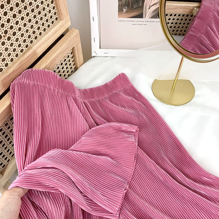 Free / 8 Factory direct sales High waist skinny ice silk pleated wide leg pants Chiffon Casual Pants