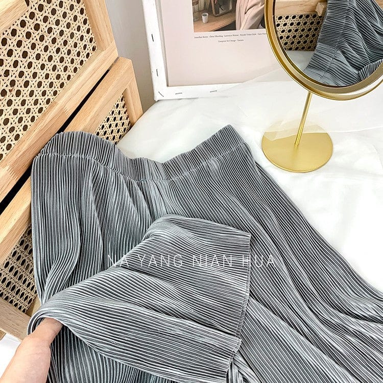 Free / 9 Factory direct sales High waist skinny ice silk pleated wide leg pants Chiffon Casual Pants