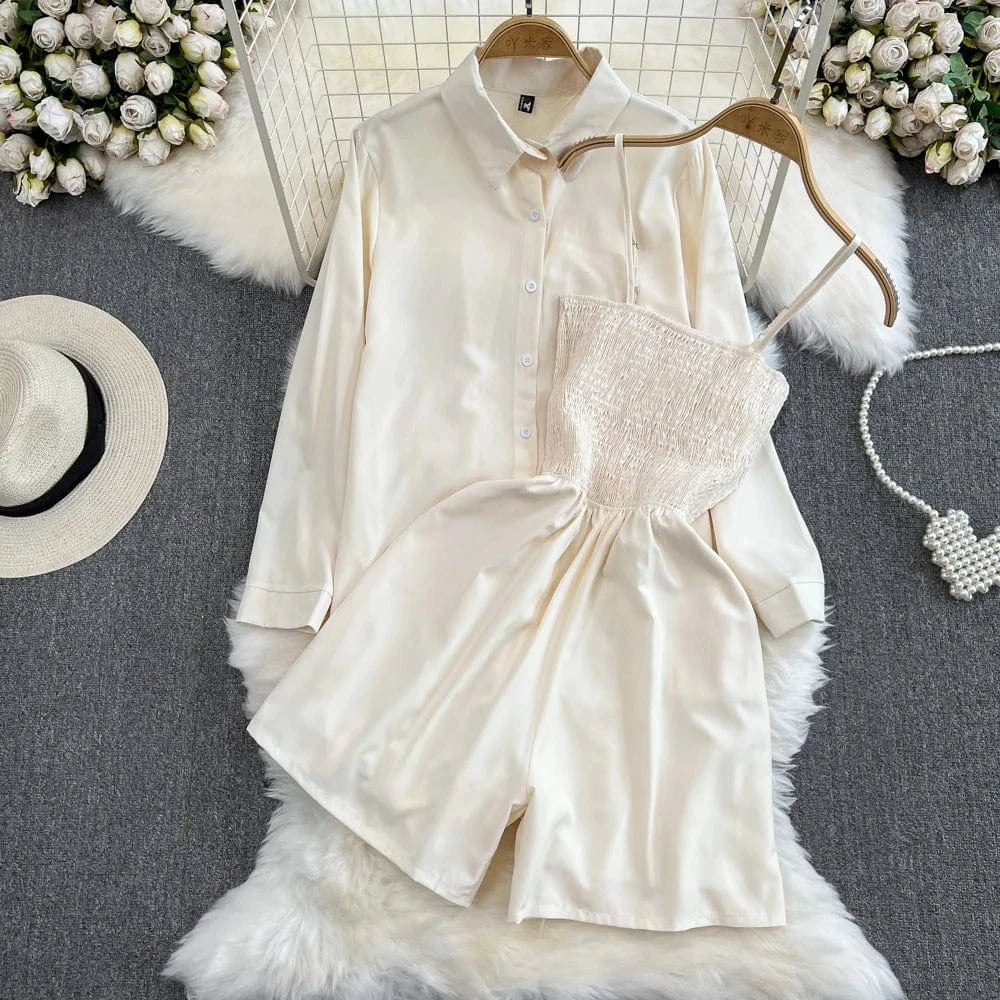 Free / apricot 2Pcs Set Woman Lazy Fashion Suit Women'S Summer Niche Design High-Class Loose Sunscreen Shirt+Wide Leg Suspenders Culottes Set