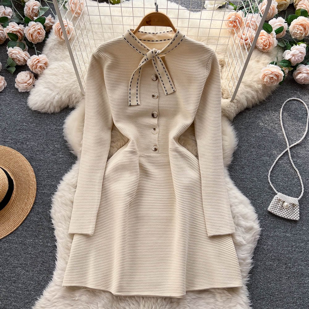 Free / Apricot Chic Peter Pan Collar Bandage Tight Rib-Knit A-Line Dresses Women Lady Elegant Solid Slim Knitting Sweater Dress