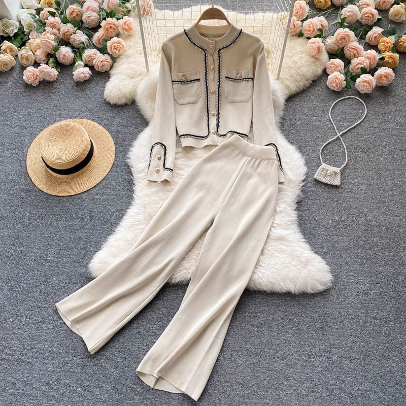 Free / Apricot Fall ANSZKTN Empire Show Thin Single Breasted Knit Cardigan Two Piece Wide Leg Pants Set For Women