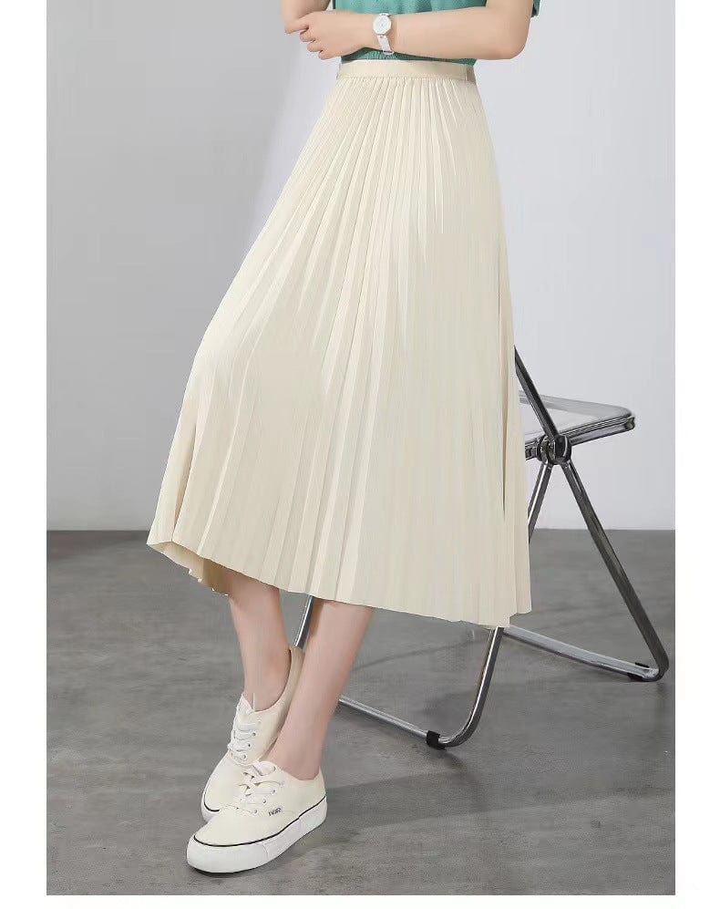 Free / Apricot Fashion Women Elastic Waist Long Pleated Skirt Soild Colour Casual Skirts