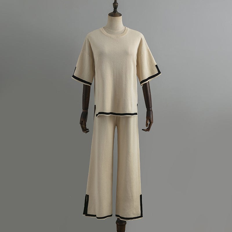 Free / apricot GX3204 Good Quality 2023 Women's Knit Outfit Spring Summer Casual Short Sleeve Loose Tops and Wide-leg Pants 2 Piece Set