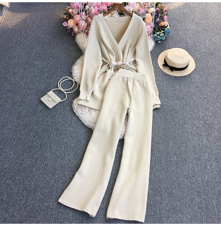 Free / apricot GX7188A Fashion causal knit clothing vendor leisure suits women long sleeve shirt and wide leg pant matching suits 2 piece sets