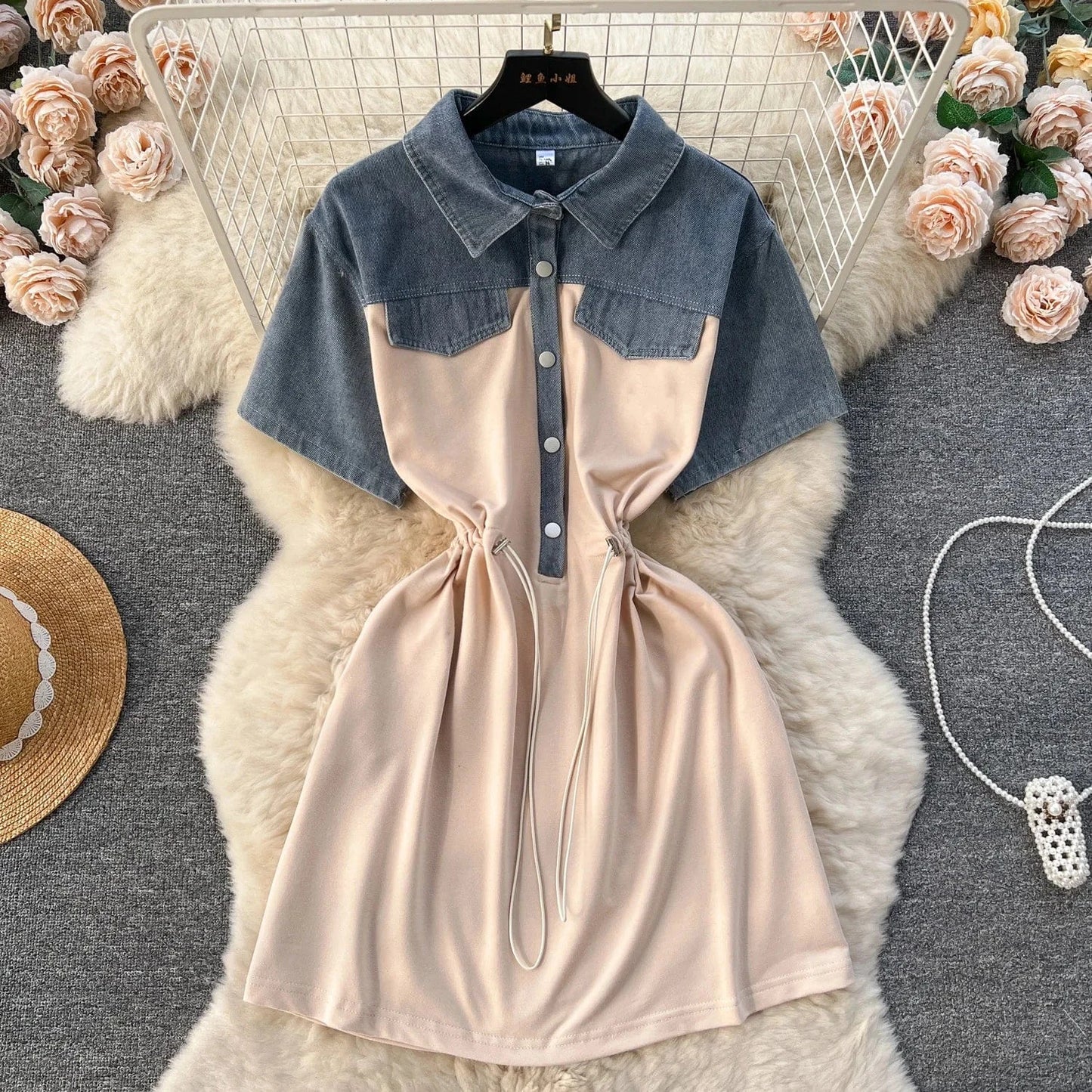 Free / apricot Summer Casual Polo Collar Midi Dress For Women Empire Patchwork Contrast Color Denim Fashion Dresses