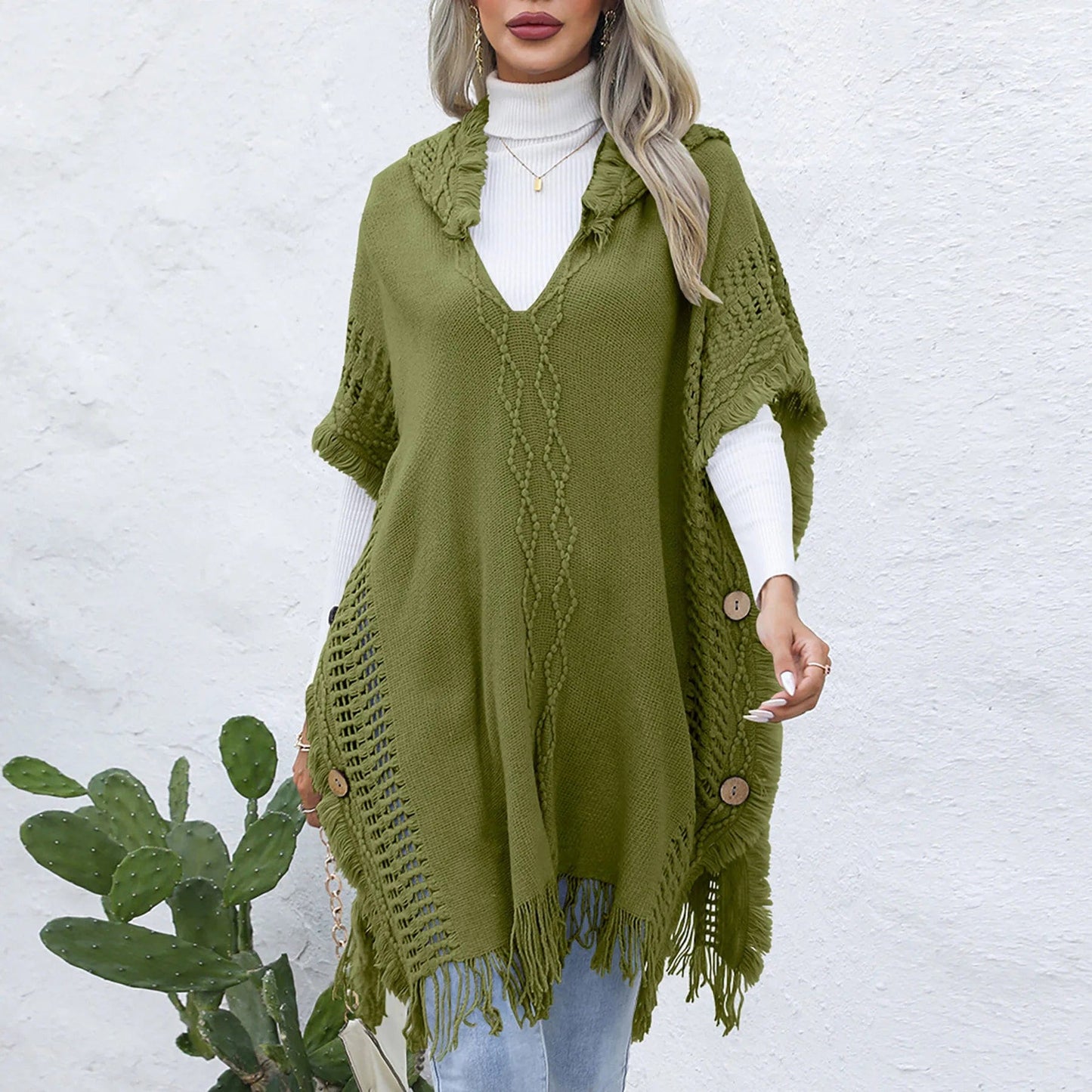 Free / Army Green European and American Women's casual Loose V-neck Hooded pullover Mid-length sweater Vest Cape coat