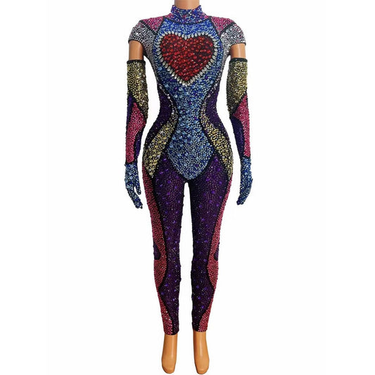 Free / AS PIC AD1469 Kimshein Luxury Clothing Women Handmade Crystal Playsuit Bodysuits Long Sleeve Colorful Rhinestone Big Diamond Jumpsuits