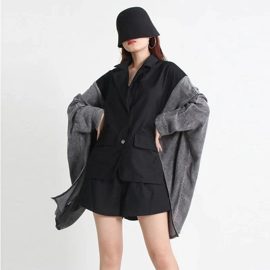 free / as picture CHICEVER Fashionable Patchwork Button Lapel Batwing Sleeve Hit Color Winter Women Jacket 2023