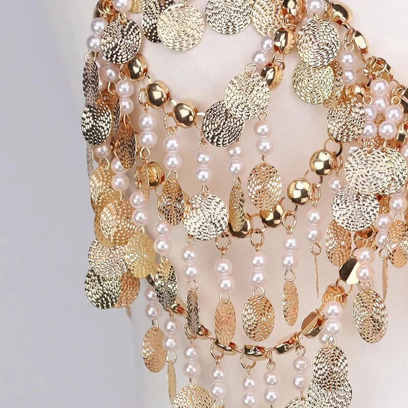 Free / As picture Ladies Sexy Bikini Pearl Chain Shiny Top Bottom Personality Sequined Tassel Body Chains