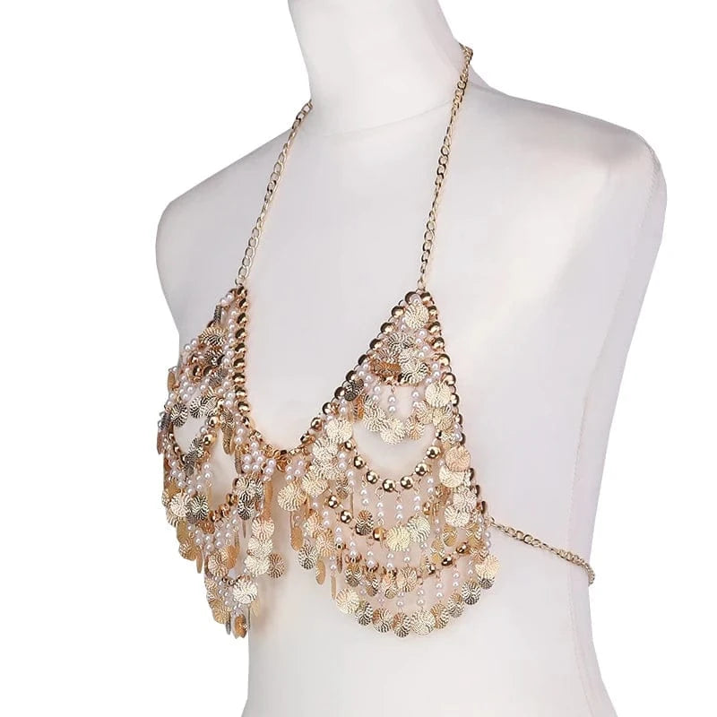 Free / As picture Ladies Sexy Bikini Pearl Chain Shiny Top Bottom Personality Sequined Tassel Body Chains