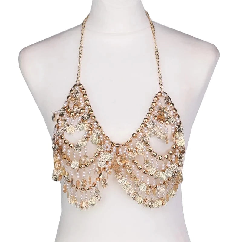 Free / As picture Ladies Sexy Bikini Pearl Chain Shiny Top Bottom Personality Sequined Tassel Body Chains