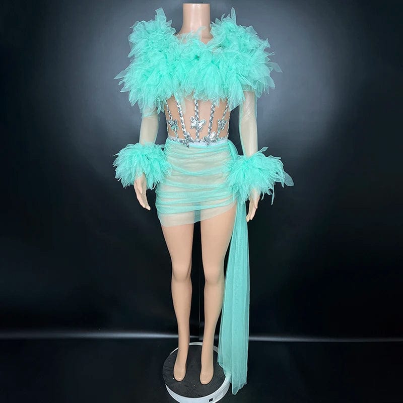 Free / as picture Novance Y3436 Sexy Dress Wholesale Long Sleeve Green Dress Stage Performance Costume Party Club Dress Sequin Mesh Fabric