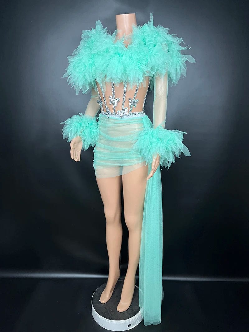 Free / as picture Novance Y3436 Sexy Dress Wholesale Long Sleeve Green Dress Stage Performance Costume Party Club Dress Sequin Mesh Fabric