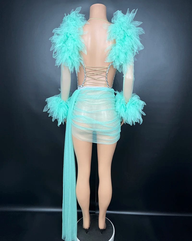 Free / as picture Novance Y3436 Sexy Dress Wholesale Long Sleeve Green Dress Stage Performance Costume Party Club Dress Sequin Mesh Fabric