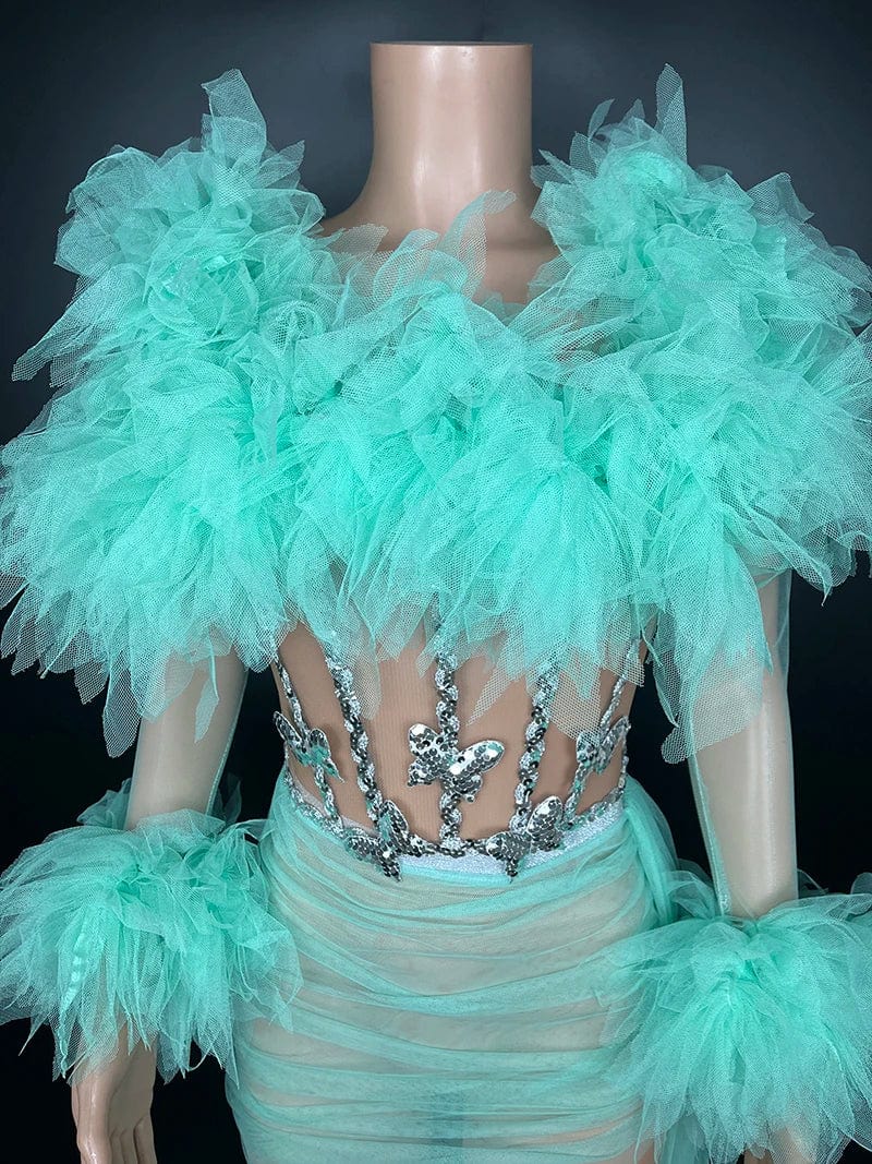 Free / as picture Novance Y3436 Sexy Dress Wholesale Long Sleeve Green Dress Stage Performance Costume Party Club Dress Sequin Mesh Fabric