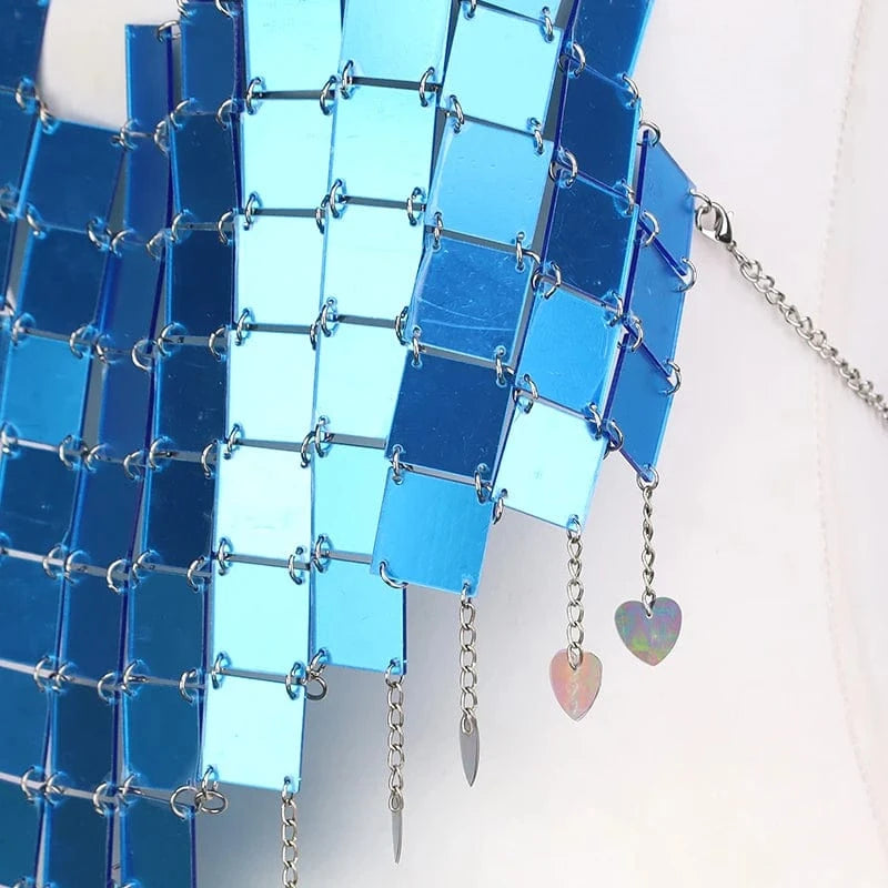 Free / As picture Rave Festival Nightclub bustier crop Backless Body Jewelry square Sequin chest chain