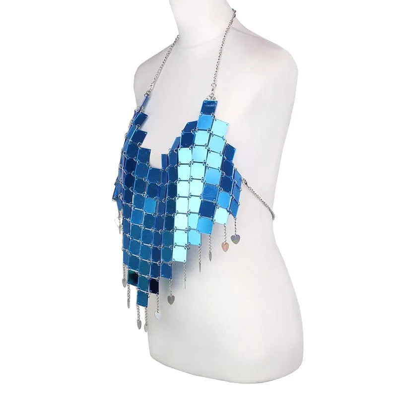 Free / As picture Rave Festival Nightclub bustier crop Backless Body Jewelry square Sequin chest chain