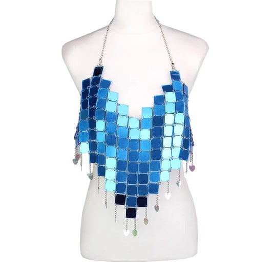 Free / As picture Rave Festival Nightclub bustier crop Backless Body Jewelry square Sequin chest chain