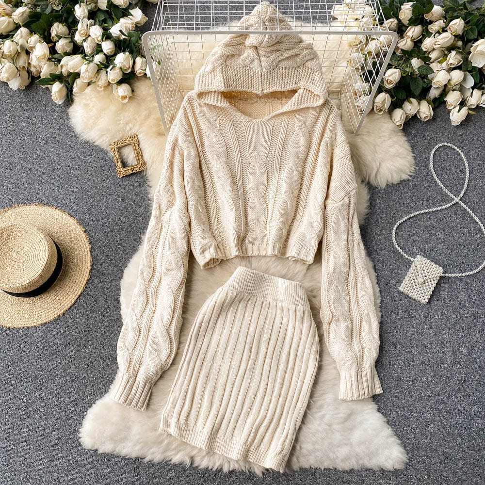 Free / Beige GX01M82 Autumn Winter Female Long Sleeve Mini Pencil Knitted Skirts Crop Tops Casual Hooded Sweaters 2 Piece Set Women's Set