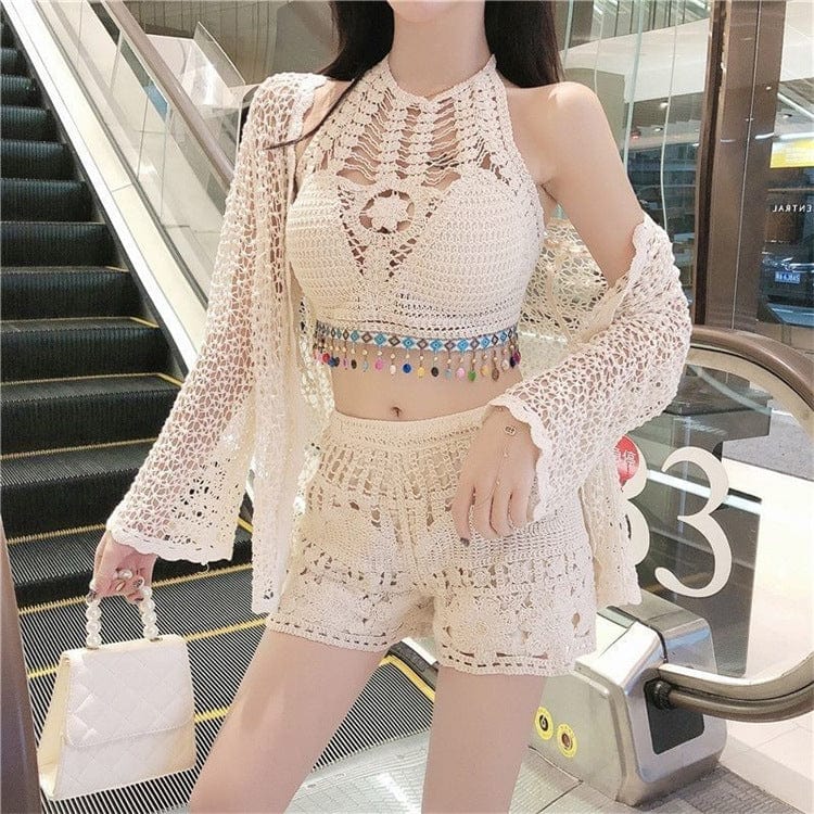 Free / Beige One size Bohemian ethnic style halter top Suspended lace up hollowed out bra embroidery knitted short women's top