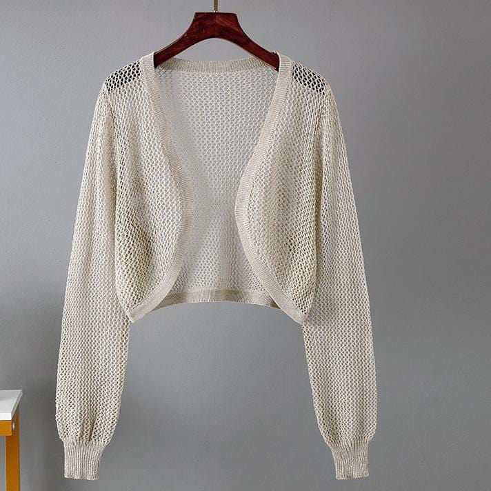 Free / Beige One size fits all Lantern sleeve knitted shawl Summer Thin Loose Air Conditioned Shirt Cover with Hollow Small Sweetheart