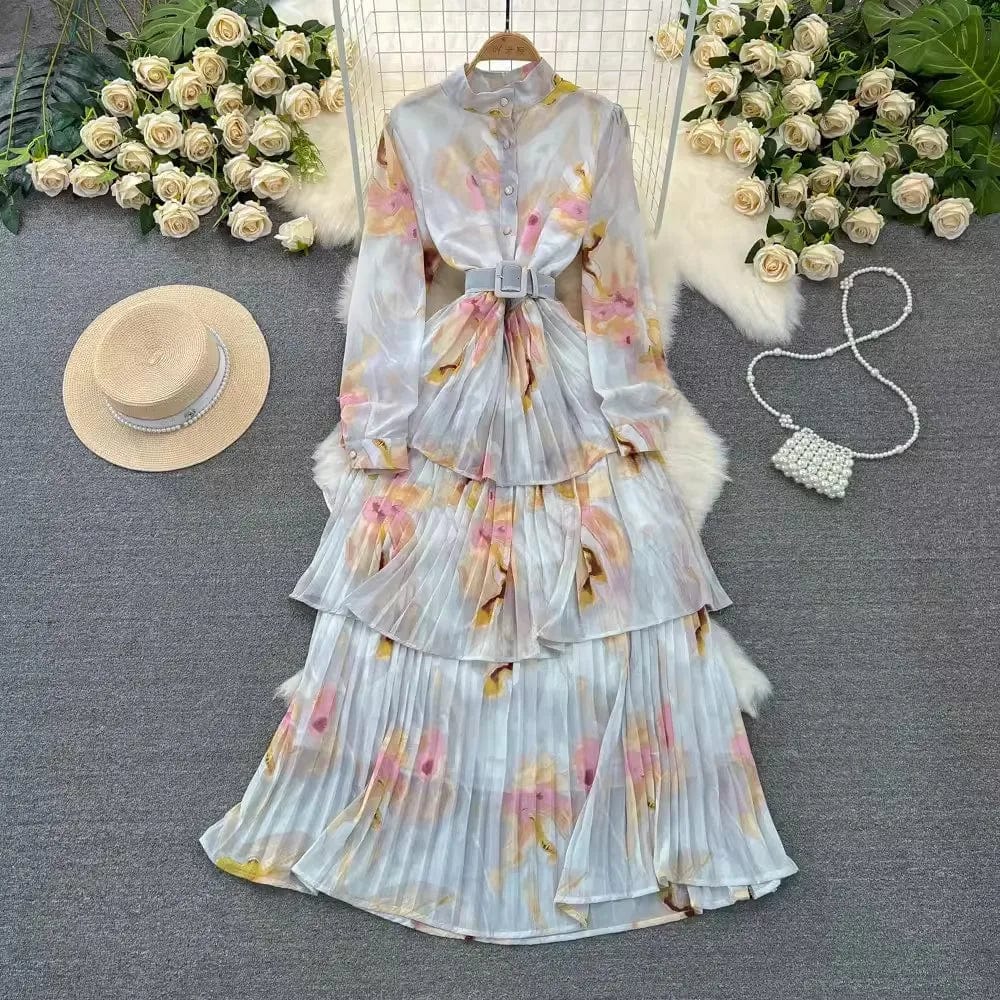 Free / Beige One size  Spring and Autumn Long sleeved Standing Neck Waist Collection A-line Printed Dress Ruffle edge cake chiffon dress