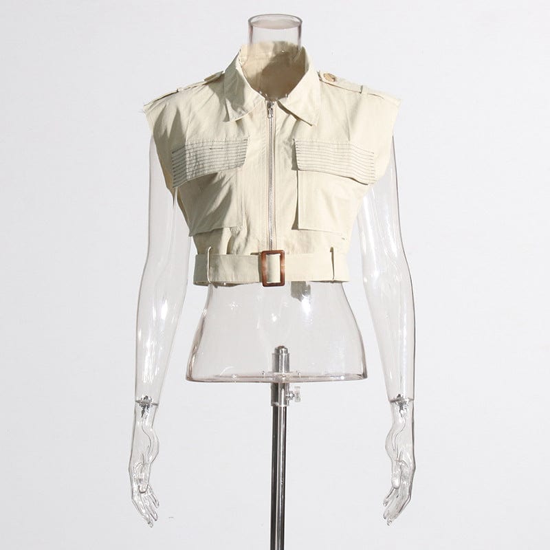 Free / Beige OUDINA Wholesale New Vintage Casual Short Multi-pocket Sleeveless Vest  Cargo Top Women's Crop Tops For Women