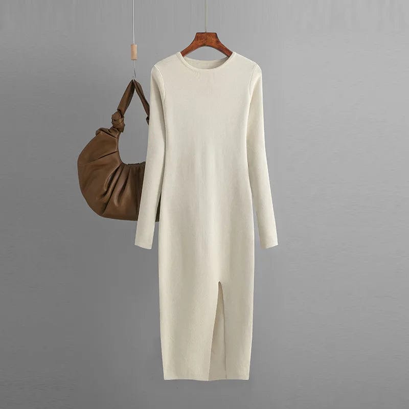 Free / Beige PDEP 2023 autumn and winter slim knit dress  mid-length long sleeve skinny bottom-up knit sweater dress for women