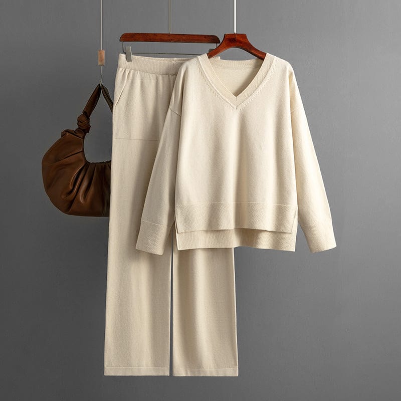 Free / Beige PDEP 2023 fashion women autumn and winter  new V-neck loose casual pullover knitted sweater and wide leg pants two piece set