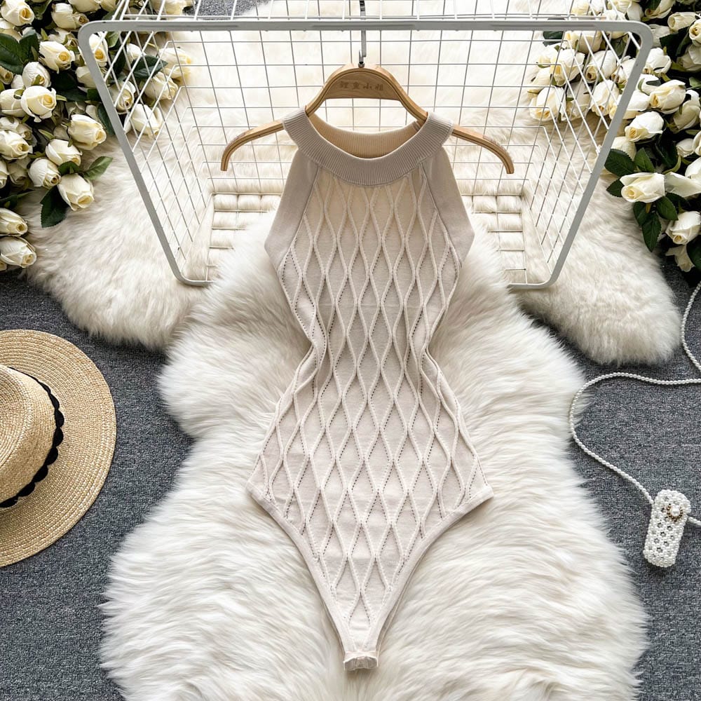 Free / Beige Sleeveless halter one-piece knit dress women's summer slimming temperament sexy plaid knitted buttock jumpsuit