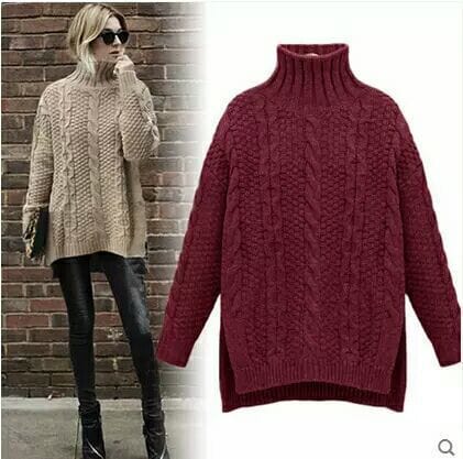 Free / Beige Winter Fashion Turtle High Neck Long Sleeve Jacquard Casual Women Pullover Sweater