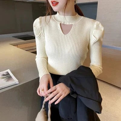 Free / Beige Women Mid-neck Sweater 2023 Autumn Winter New Half Turtleneck Slim-fit Sweater Long-sleeved Blouse