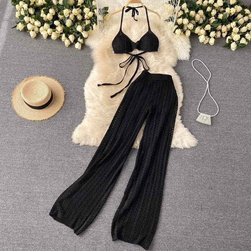 Free / black 2022 Summer Sexy Halter Short Tops Hollow Knitted Wide Leg Long Pants Two Piece Suit womens designer knitwear set