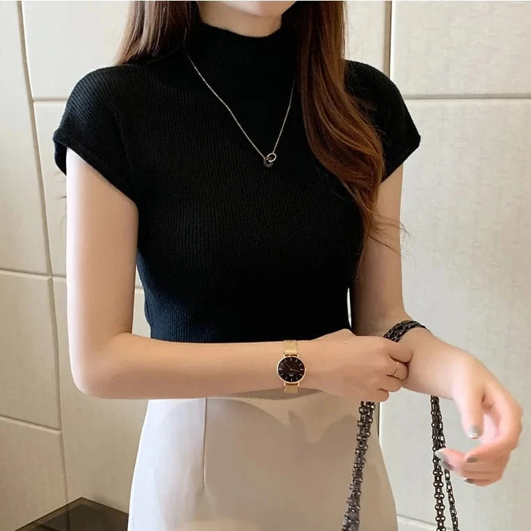 Free / Black 2023 Summer new semi-high collar bottoming shirt women's short-sleeved knitwear tight sweater short slim top