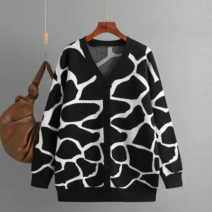 Free / Black 2024 Best-Selling Women Autumn and Winter Line Pattern Cardigan Single Breasted V-neck Long Sleeve Casual Loose Knitted Coat