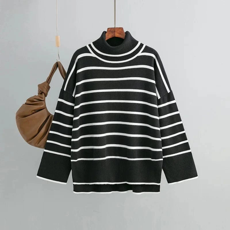 Free / Black 2024 Hot Sale Women Sweater Autumn Winter High-neck Knit Pullover Loose Long Sleeve Knitwear Striped Casual Sweater