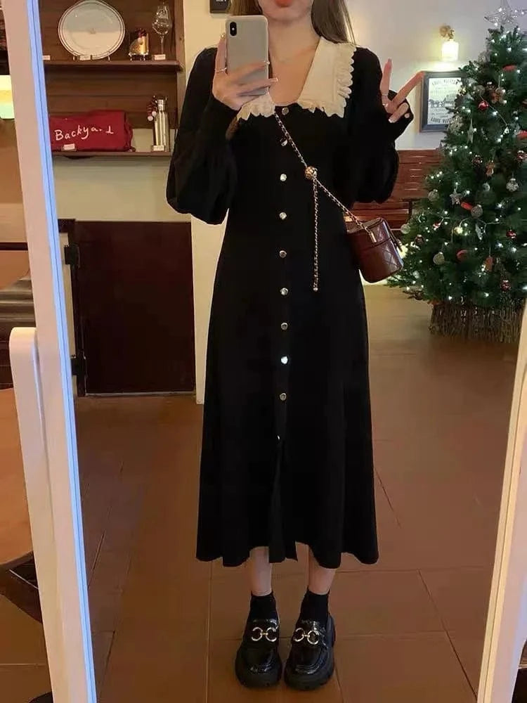Free / Black 2024 New Gentle Style Retro Lapel Knitted Waist Slimming Dress Niche Lantern Sleeve Long Dress for Women