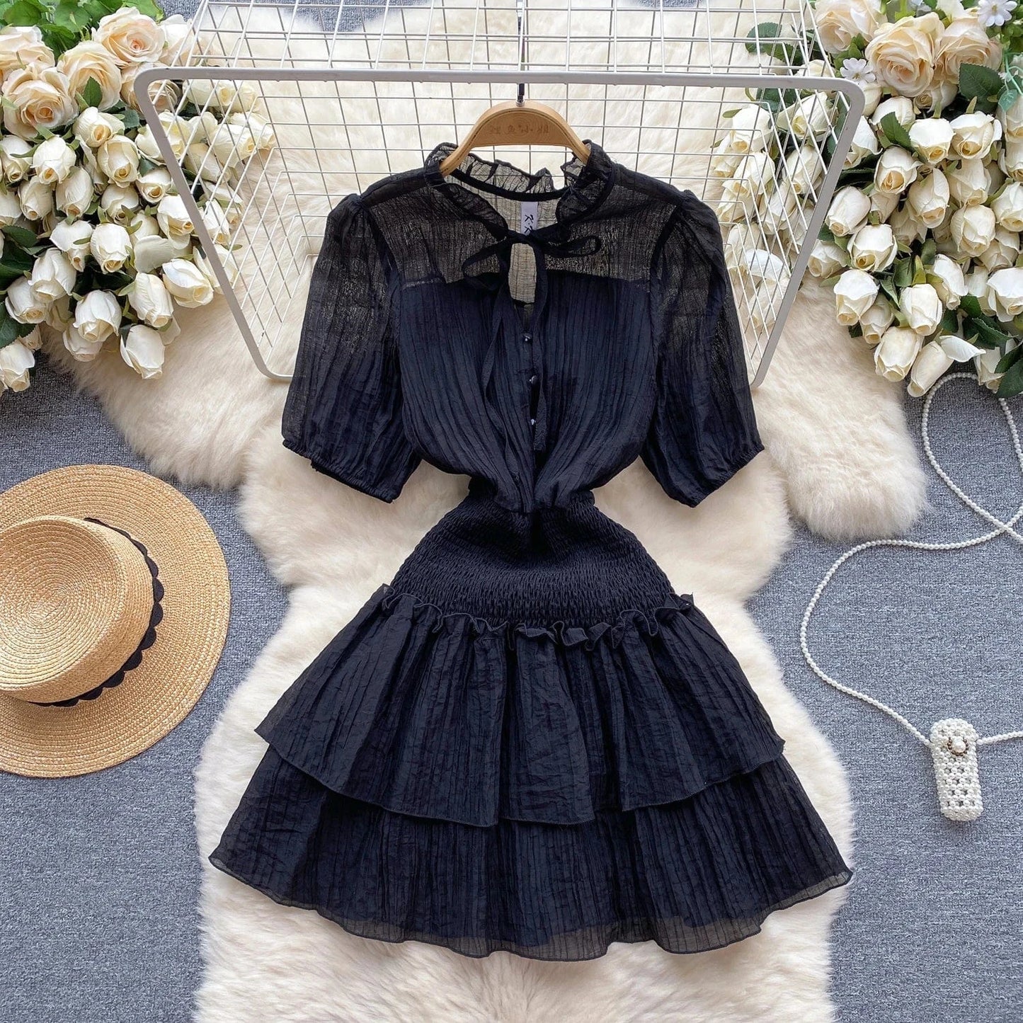 Free / Black 2024 New Summer Sweet V-neck Tunic Slim Midi Dress For Women Ruffled Clothes Women