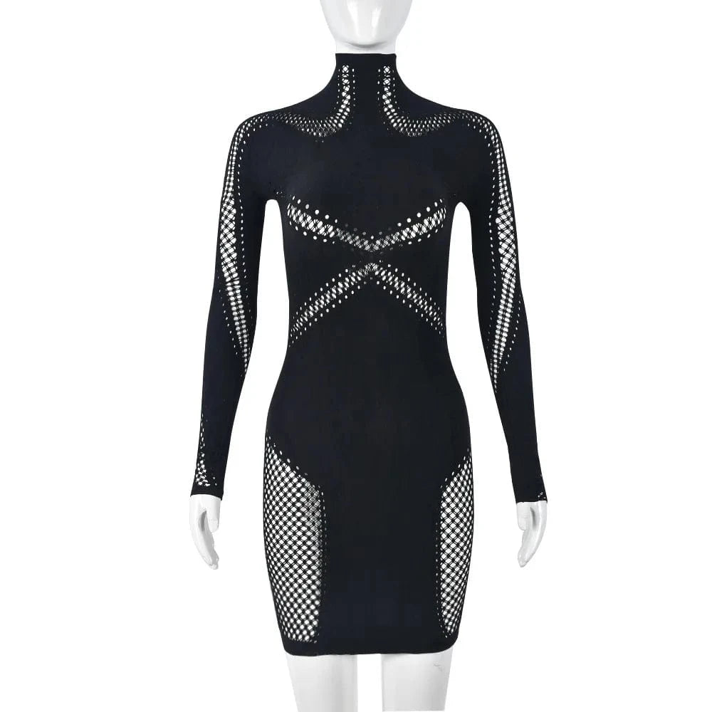 Free / Black 2024 Women New Long Sleeve Hollow Out Bodycon Hole Sexy Slim See Through black Mini Dress