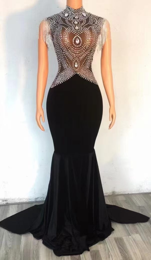 Free / black AD1466 Kimshein Handmade Crystal Women Luxury Off Shoulder With Tassel Big Diamond Sequin Mesh Velvet Prom Dress Evening
