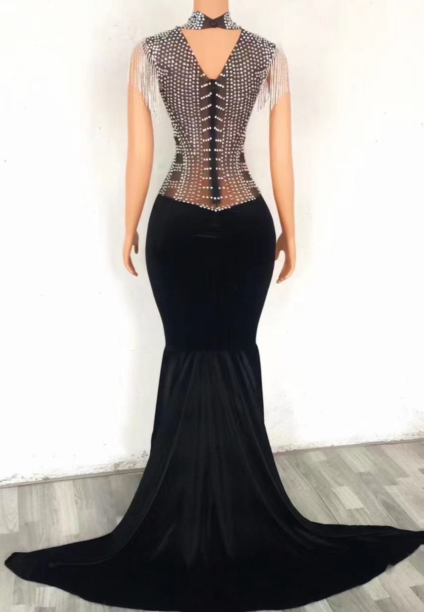 Free / black AD1466 Kimshein Handmade Crystal Women Luxury Off Shoulder With Tassel Big Diamond Sequin Mesh Velvet Prom Dress Evening