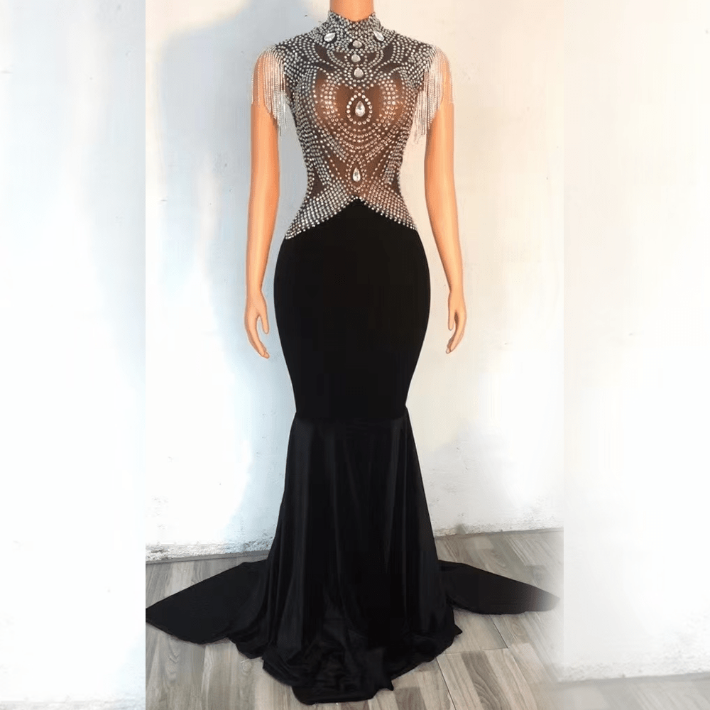 Free / black AD1466 Kimshein Handmade Crystal Women Luxury Off Shoulder With Tassel Big Diamond Sequin Mesh Velvet Prom Dress Evening