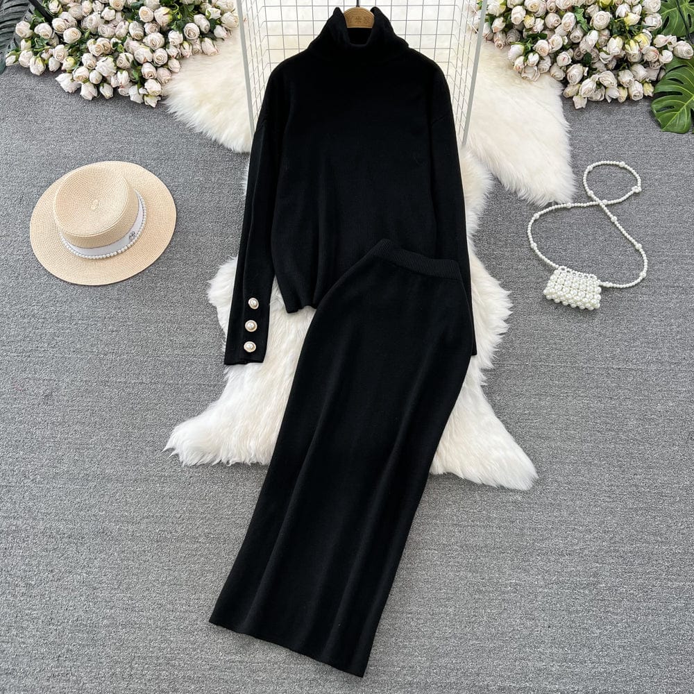 Free / Black Autumn Winter Korean Version Long Sleeve High Waist Loose Sweater Top High Fanny Pack Hip Skirt Fashion set Women