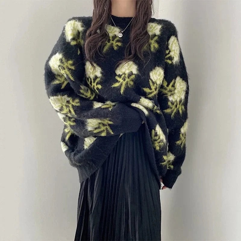 Free / Black Best Selling Casual Fashion Floral Embroidery Knit Women Pullover Sweater