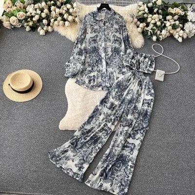 Free / Black Blue Ons size Spring/Summer Loose Pleated Shirt+Bra+Draping High Waist Pants Pure Desire Fashion Women's Set