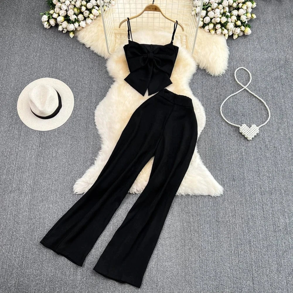Free / Black Casual Set Of Female Casual Pants Pants Two-piece Bow Top Set